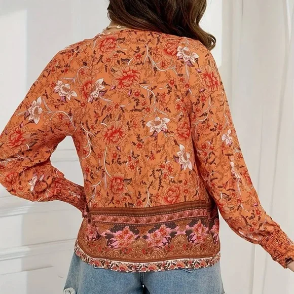 Boho Floral Print Lantern Sleeve Tie Front Blouse - Picture 3 of 11